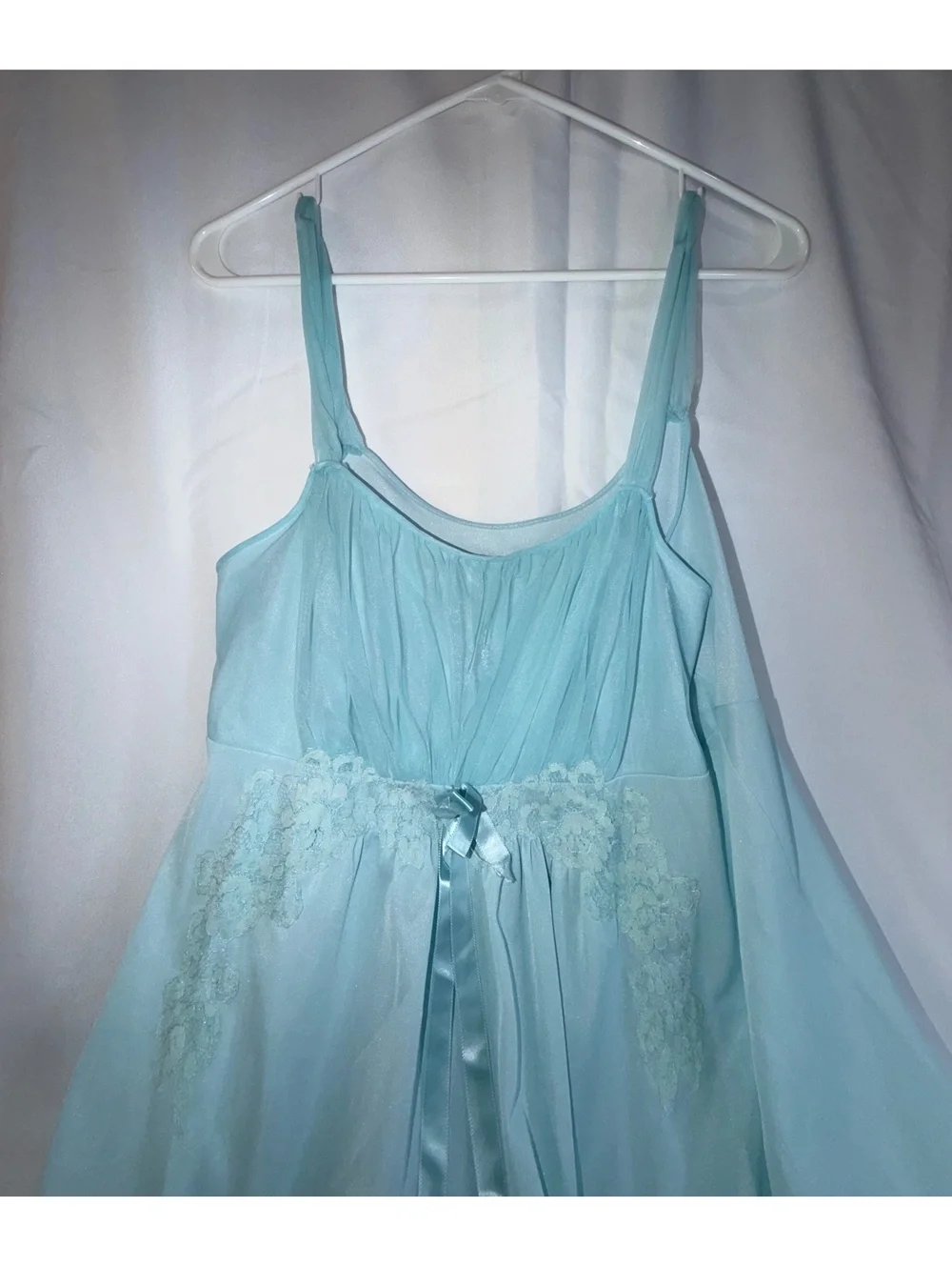 Vintage Van Raalte Light Blue Nylon Nightgown with Lace and Ribbon Detail